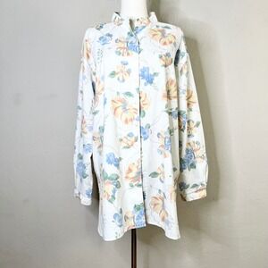 Vintage Sport Savvy 2X Floral Print Button Up Shirt Long Sleeve Linen Blend‎ USA